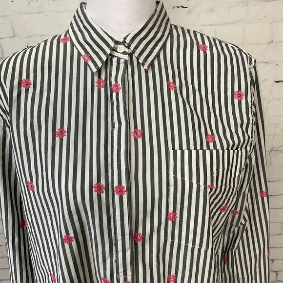 Gap Women Button Up Shirt Gray White Pink Daisy Long Sleeve Classic Fit … - Picture 8 of 12